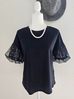Black Pearl Mesh Puff Sleeve Top Statement Sleeve Blouse Size M